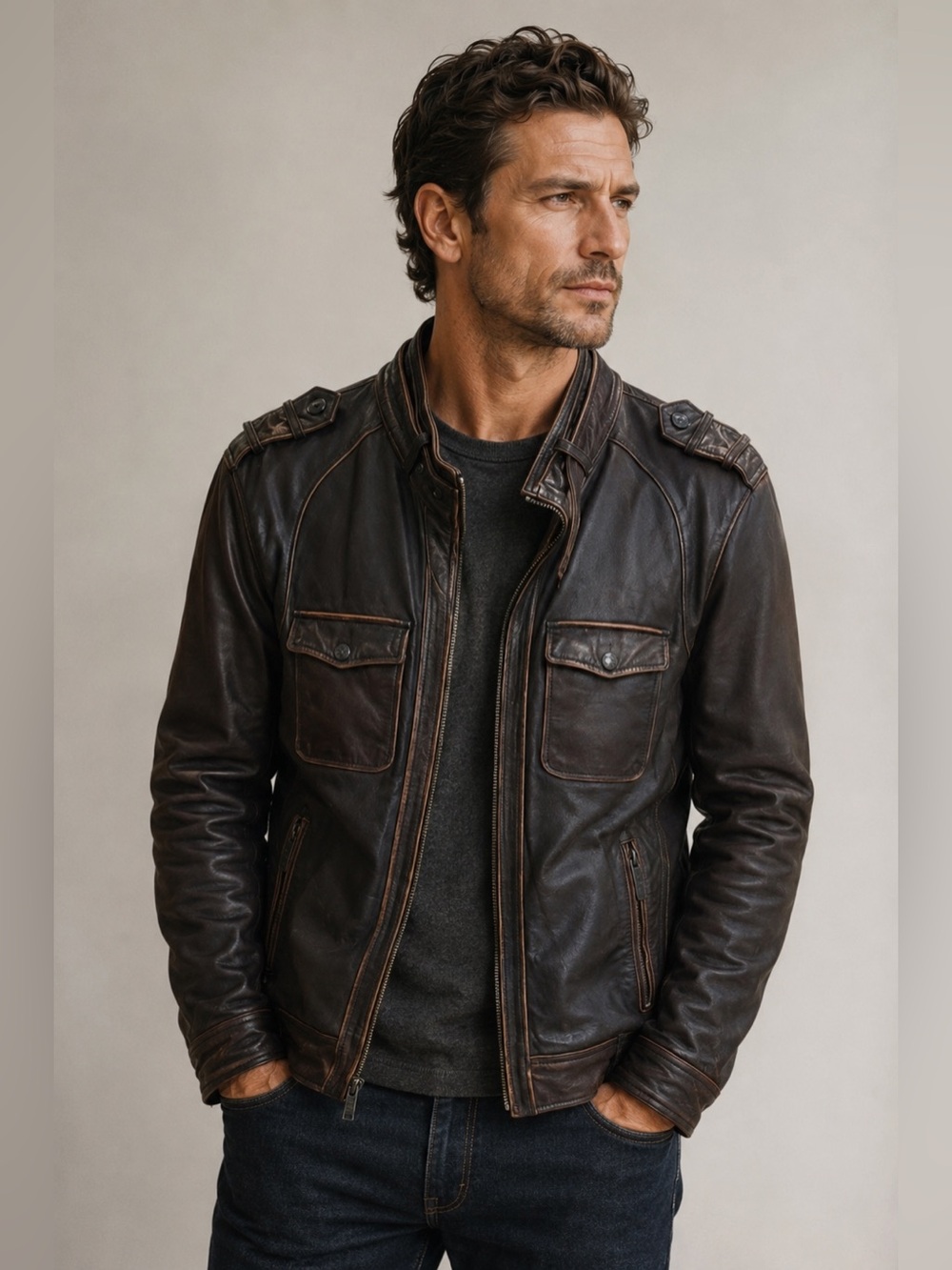 Vince Camuto Distressed Dark Brown genuine Leather Jacket Size Medium